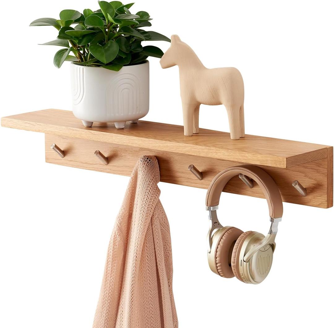 Coat Rack Shelf Wall Mounted Oak Wood Entryway Shelf with 6 Hooks Wall Coat Hook Rack with Floating Shelf for Bedroom, Living Room, Kitchen (Natural, 27.5 inch)
