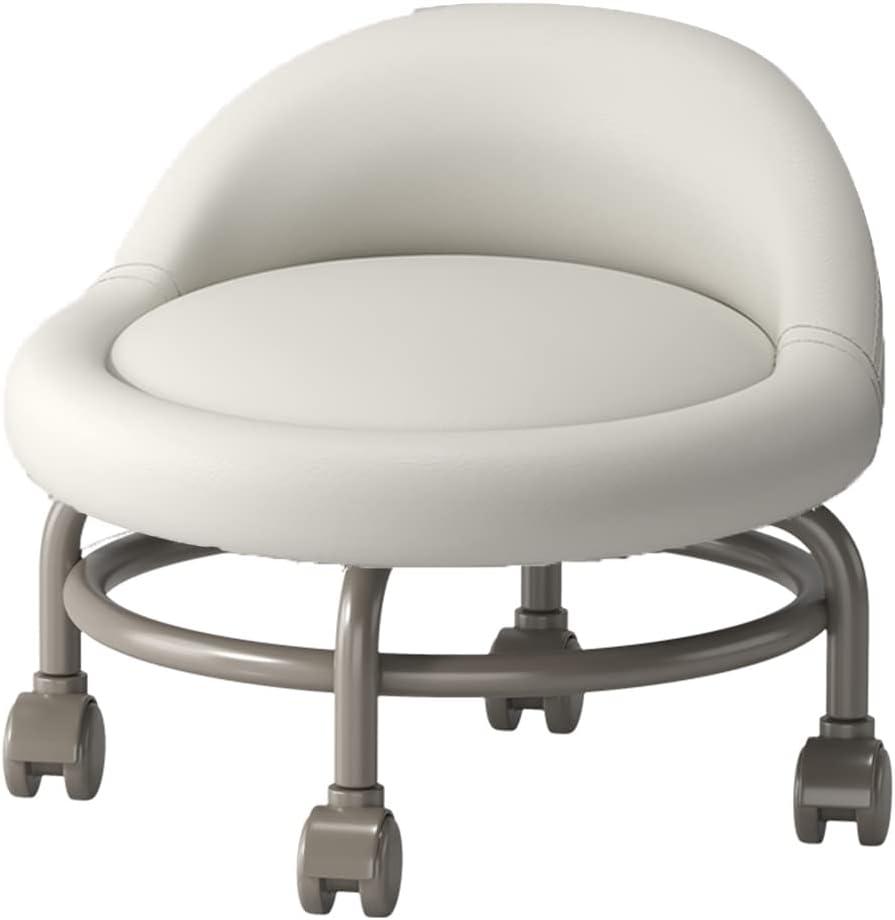 Yellow Low Rolling Stool with Wheel and Back - Footstool, Short Rolling Foot Stool on Wheels with Universal Swivel Caster, PU Leather - Perfect for Versatile Use and Mobility (White)