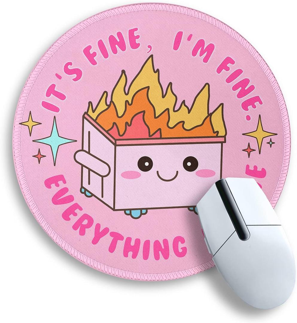 Pink Round Mouse Pad for Desk, Cute Office Decor for Women, Dumpster on Fire Small MousepadStitched Edge Non-Slip Rubber Base, Personalized Computer Mouse Pads for Wireless MouseDesk Accessories