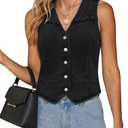 luvamia Denim Vest Women Trendy Button Down Braided Adjustable Waist Western Casual Sleeveless Jean Waistcoat Vests Top, XL