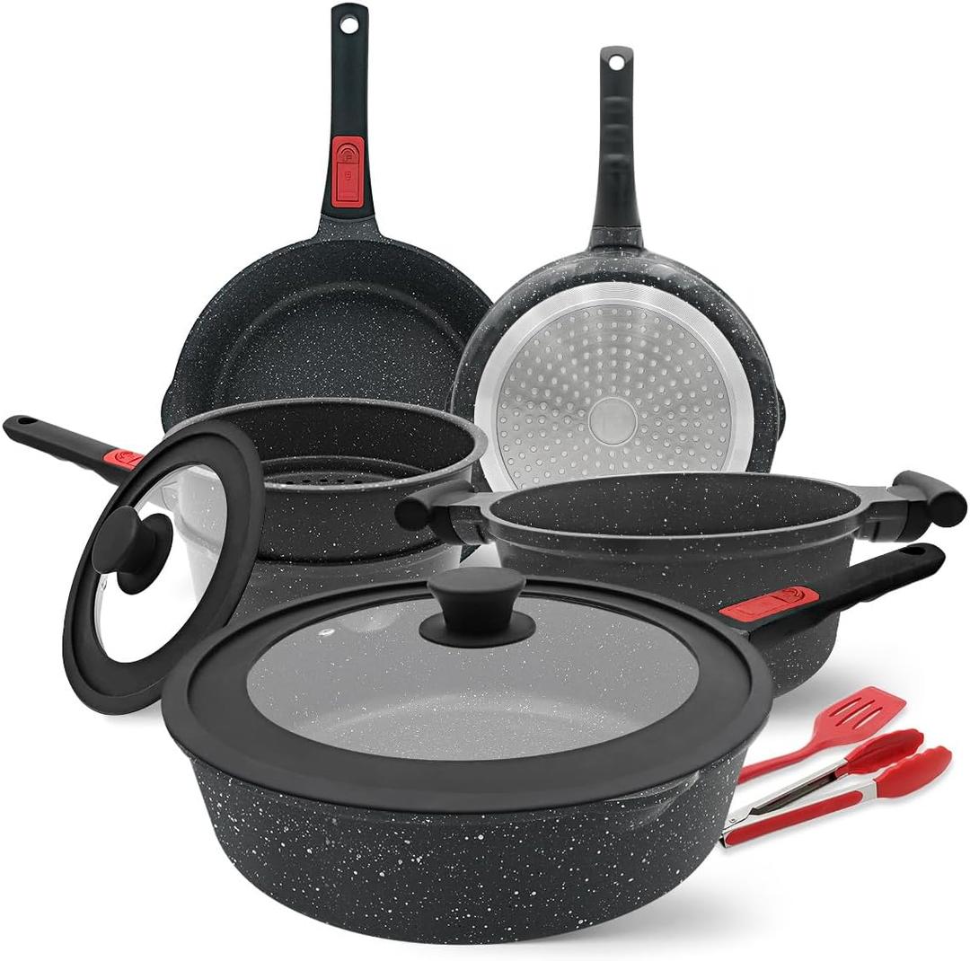 Bobikuke Pot and Pan Set 10-Piece Non-Stick Frying Pan 28/24/20 cm with Removable Handle, Saucepan 18 cm + Steamer, 4.7 L Cooking Pot with Universal Lid Cookware Set for All Hobs