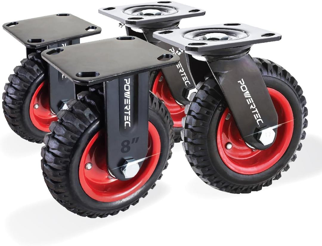 POWERTEC 8 Inch Caster Wheels Set of 4 (2 Swivel & 2 Fixed), Heavy Duty Casters w/Rubber Knobby Tread for Workbench, Dolly, Cart, Trolley, Wagon, Toolbox, Chicken Coop, Large Castor Wheels (17055V)