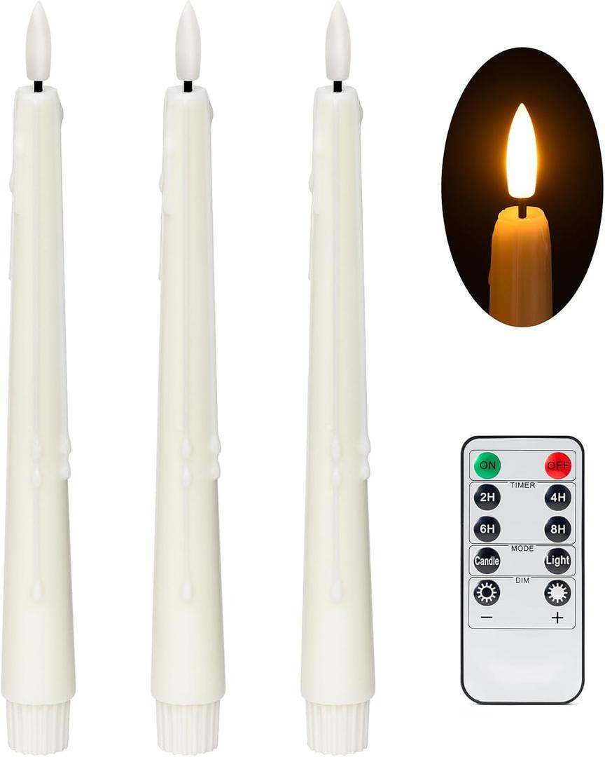 Ivory Flameless Taper Candles with Remote and Timer - 9.65 Inch Real Wax LED Candlesticks - Wax Drip Battery Operated Tall Taper Candles with 3D Flickering Flame, 3 Pack Ivory Flameless Taper Candles with Remote and Timer - 9.65 Inch Real Wax LED Candlesticks - Wax Drip Battery Operated Tall Taper Candles with 3D Flickering Flame, 3 Pack