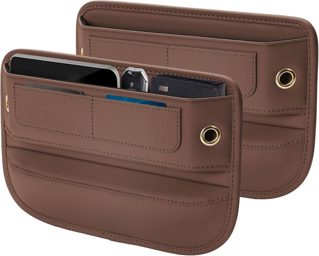 Premium Leather Seat Gap Filler Organizer, Universal Fit Car Accessories for Women/Men Interior, Center Console Organizer With Card Slots for SUV Truck (Brown, 2 Pack)