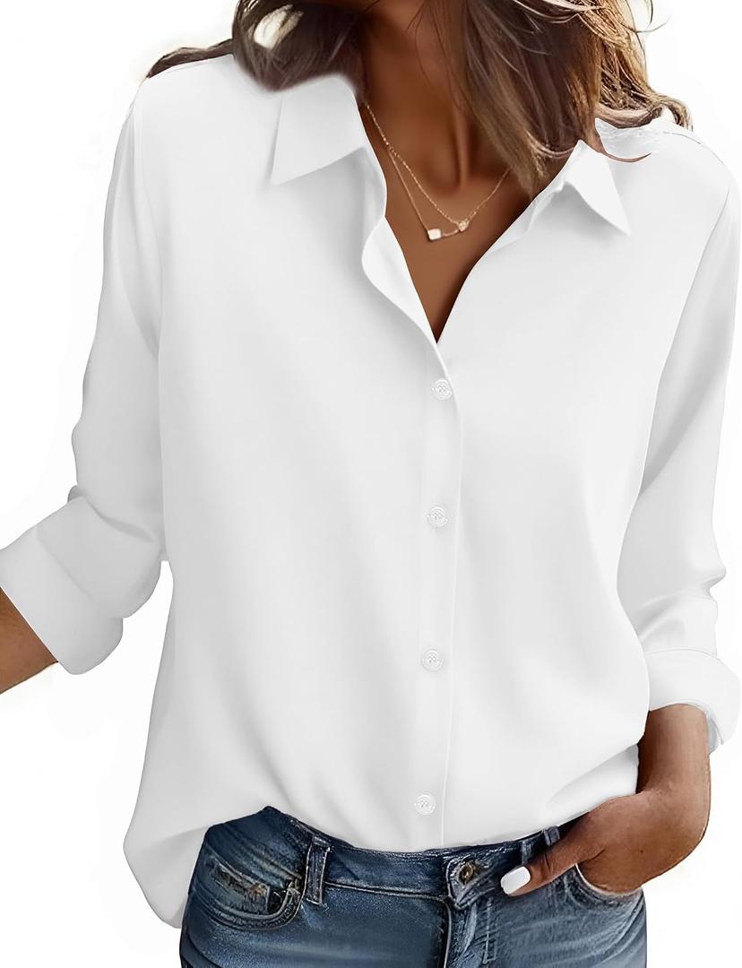 Zeagoo Button Down Shirt Women Long Sleeve Blouses Casual Tops Work Outfits | Stain Shield Dress Shirts，Wrinkle Free Collared Shirts，Business Casual Work Outfits，Floral Blouse，Fall Outfits (White, S)