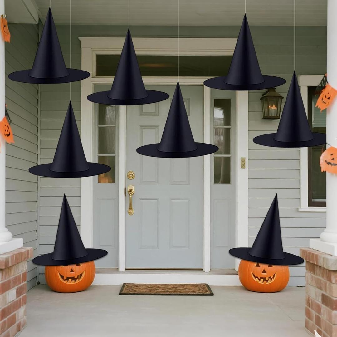 ZeeDix 8Pcs Halloween Witch Hats, Black HangingWitches Hat with 98 Ft Hanging Rope, Halloween Costume Accessories Party Decoration