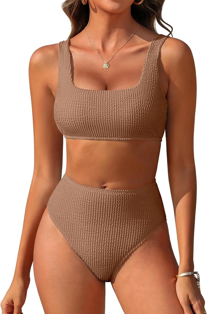 ANRABESS Women Swimsuits Two Piece Bikini Set High Waisted Ribbed Tummy Control Modest Bathing Suits 2025 Beach Swim Wear (Large, Light Brown)