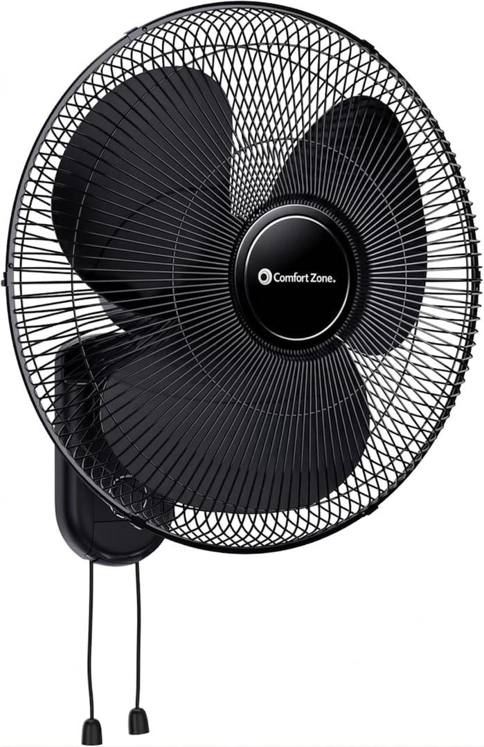 Comfort Zone 16-Inch Oscillating Wall Mount Fan Quiet 3-Speed Indoor Fan with 60 Adjustable Tilt, Pull-Chain Control & Durable Metal Grille Space-Saving Cooling for Home, Office, & Greenhouse