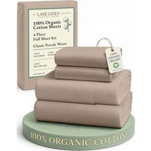 LANE LINEN 100% Organic Cotton Sheets Set, Pure Organic Cotton Long- Staple Percale Weave Ultra Soft Best- Bedding Sheets for Bed, GOTS Certified, Fits Mattress Upto 15in. Deep Pocket (Full, Taupe)
