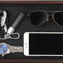 Wooden Valet Tray with Leather Base - Nightstand Catchall Organizer for Cologne, Perfume, Keys, Wallet, Phone, Watch, Jewelry & Sunglasses (Black)