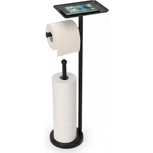 Toilet Paper Holder with Shelf, Freestanding Toilet Paper Stand with Storage Space for Holding Extra 4 Toilet Paper Rolls (Stainless Steel Base, Black)