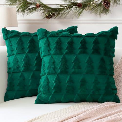 OTOSTAR Set of 2 Xmas Soft Plush Short Wool Velvet Decorative Throw Pillow Covers Square Luxury Style Cushion Case Pillow Shell for Sofa Bedroom Christmas Tree Green, 60x60