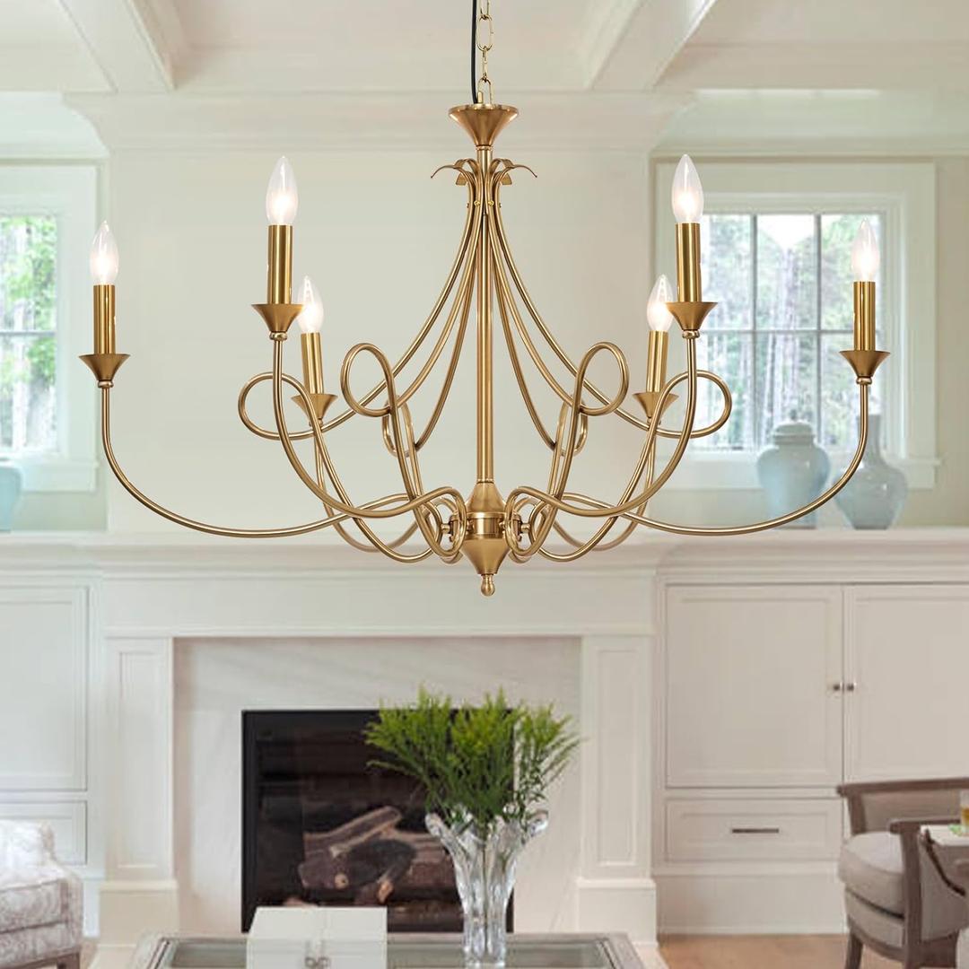 6-Light Modern Chandelier 36.6" Brass Candle Chandeliers Metal Gold Pendant Light Fixture for Dining Room Living Room Kitchen Island Foyer Entryway, E12 Base
 Brass