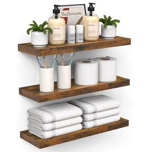 KLUVIS Bathroom Floating Shelves for Wall - Shelf Over Toilet Storage Small Farmhouse Decor Shelves (15.7 inch, Set of 3, Rustic Brown)