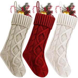 Fesciory Christmas Stockings,  Pack 18 Inches Cable Knitted Large Size Stocking Gifts & Decorations for Family Holiday Xmas Party (Burgundy&Ivory White and Khaki 18in)