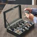 SONGMICS Watch Box, 12-Slot Watch Case Organizer with Large Glass Lid, Removable Pillows, Gift for Loved Ones, Black Synthetic Leather, Gray Lining UJWB12BK