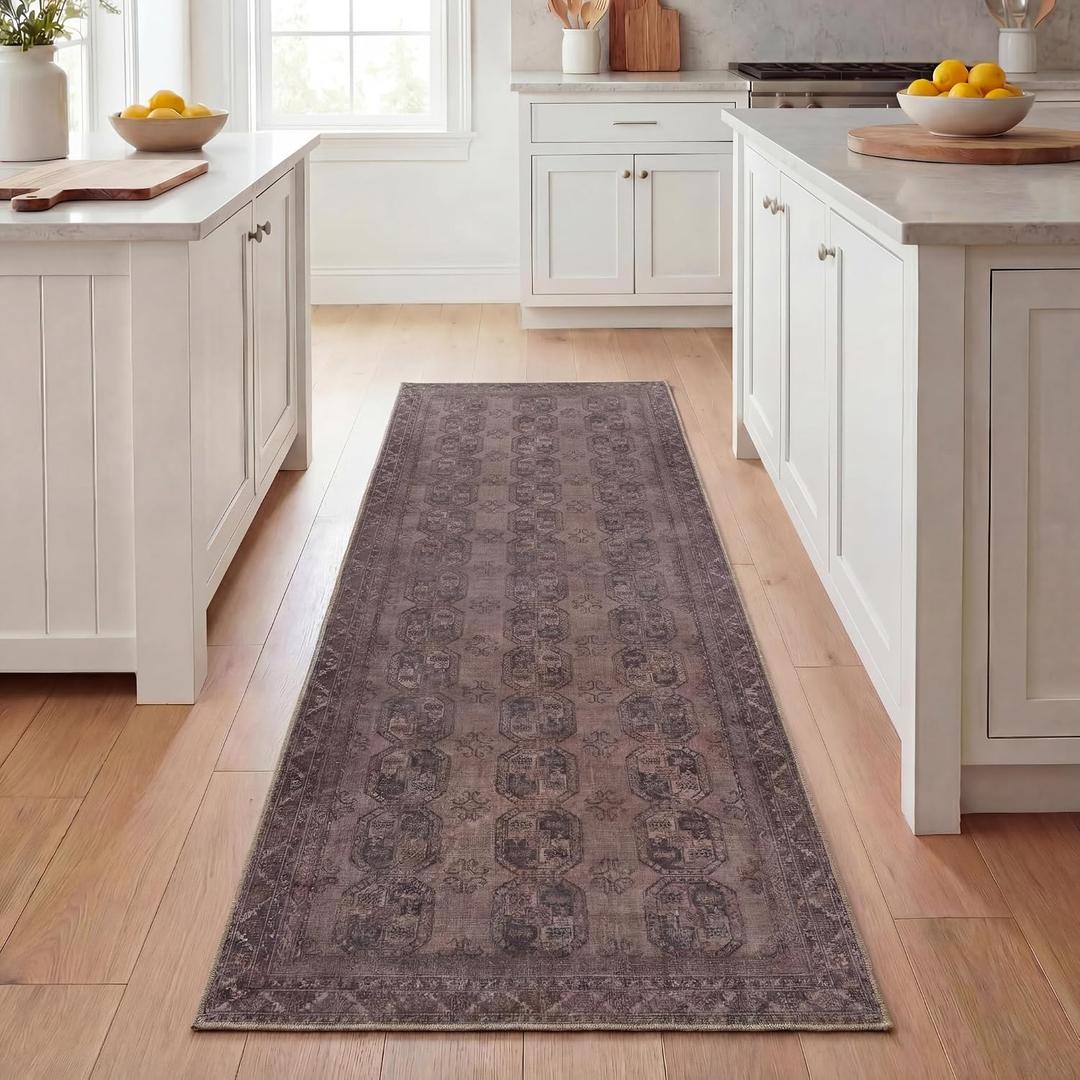 Kuden 2'6"x10 Runner Rug, Machine Washable Area Rug with Non-Slip Backing, Vintage Style, Soft, Easy Clean, Low Pile Rug for Hallway, Entryway, Kitchen, Bedroom