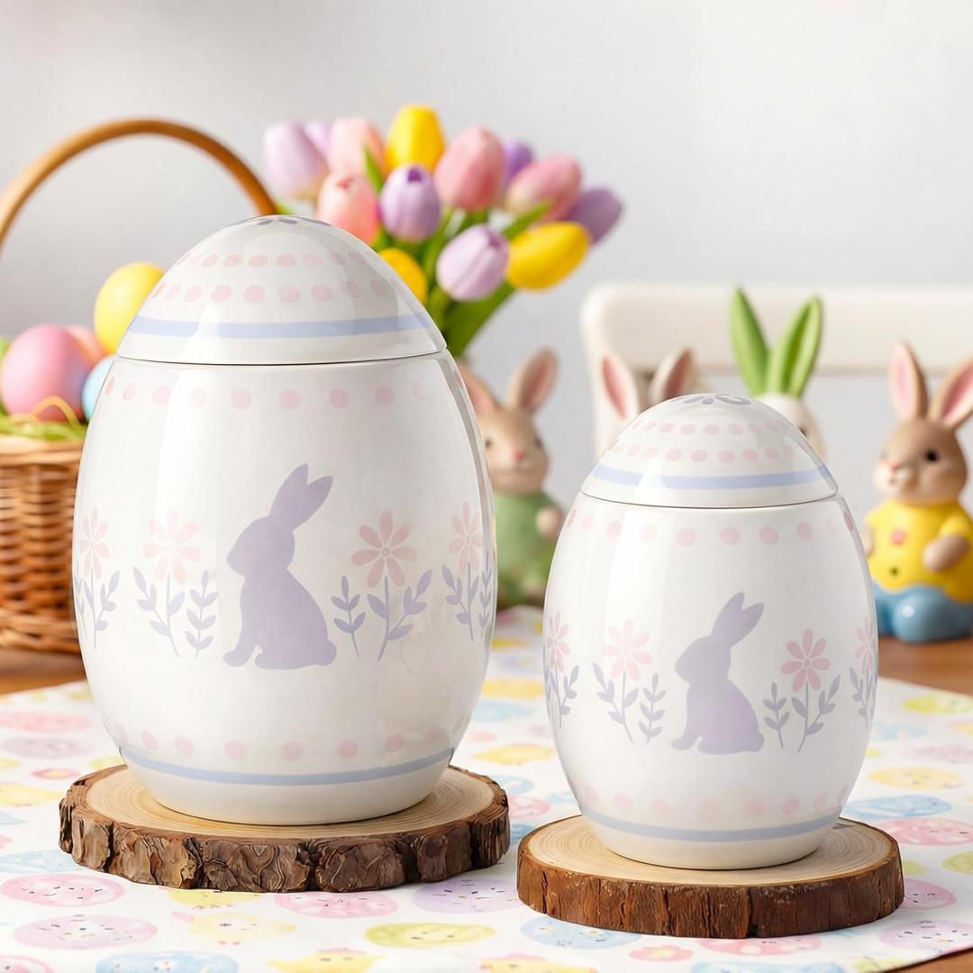 2 Pcs Easter Egg Candy Jar with Lid 7.87" 5.91" Ceramic Egg Shaped Easter Cookie Jar Bunny Decorative Food Storage Canister Cute Spring Decor Birthday Party Favors Gift for Home Table Decor
