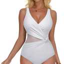 SUUKSESS Women Sexy Mesh Tummy Control One Piece Swimsuit Push Up Bathing Suit (White, XL)