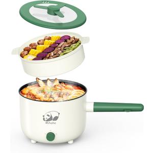 Electric Hot Pot with Steamer, Portable Nonstick Frying Pan with Dual Power Control, Electric Shabu Shabu Cooker for Noodle, Oatmeal, Pasta, Ramen, 1.5L (Green S)