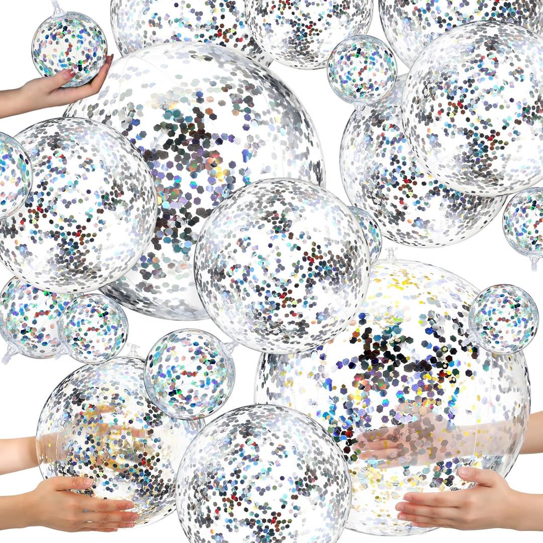 Sratte 20 Pcs Inflatable Beach Balls Bulk, Multiple Sizes Summer Swimming Pool Balls for Boys Girls Adults Hawaii Luau Party Water Games Sand Toys(Clear, Silver,Sequin)