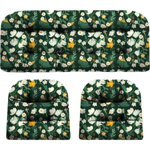 DANGHOOGY Wicker Chair Cushions, Waterproof Outdoor Loveseat Cushions for Patio Furniture, Tufted Wicker Furniture Cushions, 1 Loveseat and 2 U-Shaped Cushions (Green Floral)
