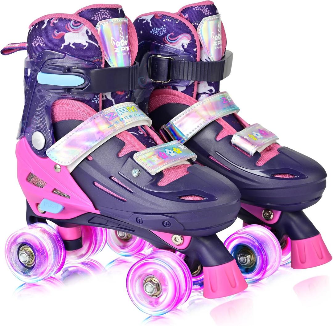 2PM SPORTS Roller Skates for Girls Boys Kids Age with Light Up Wheels, Adjustable Youth Rollerskates Size (Purple Pink). Size L, 37-39