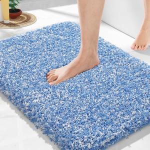 Yimobra Bathroom Rugs Non Slip Washable, Ultra Soft and Water Absorbent Bath Mats, Plush Fluffy Shower Mat Outside, Microfiber Thick Matts for Bathroom Floor/Sink, 24x17, Blue and White