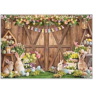 ZTHMOE Fabric 7x5ft Spring Easter Photography Backdrop Rustic Barn Wooden Door Floral Rabbits Colorful Eggs Bunny Background Kids Adults Party Decoration Photo Banner Props
