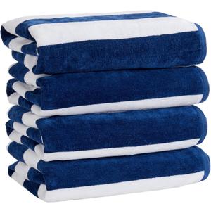Market & Place 100% Cotton Velour Cabana Stripe Beach Towel Set 30" x 60" - Ultra Soft, Plush, & Highly Absorbent Towels for Pool, Beach, & Swimming. Marina Collection (4-Pack, Navy)