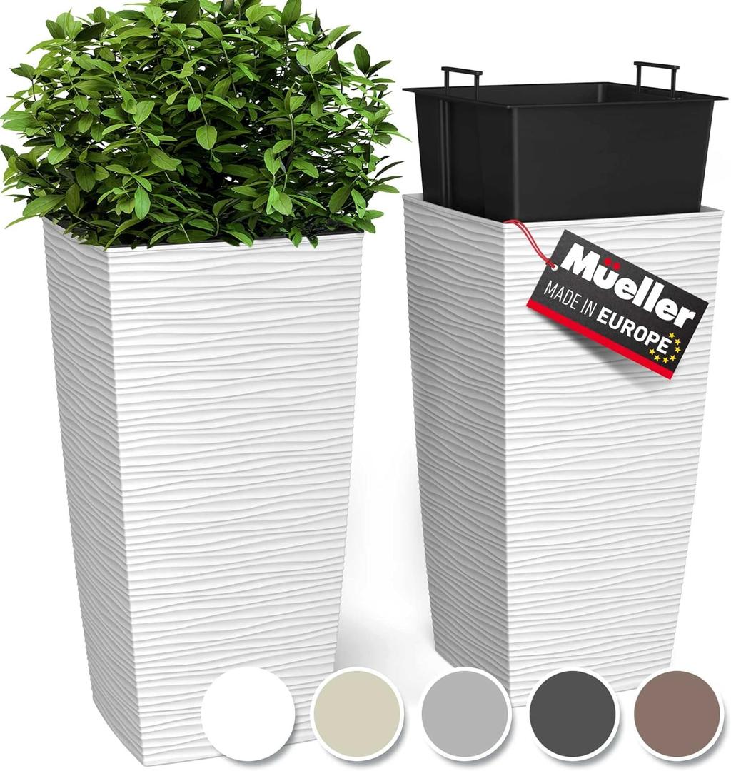 Mueller M-Resin Heavy Duty Tall Planter, Indoor/Outdoor Grande Plant, Tree, Flower Pot, 2-Piece Set, 27.5, Modern Design, Built-in Drainage, White (27.5 x 14")