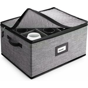 Hearth & Harbor Glass Storage Box with Dividers, Quilted and Stackable Stemware Storage Cases, Service of 12 Glass China Container Hard Shell for Moving and Organization, Grey
