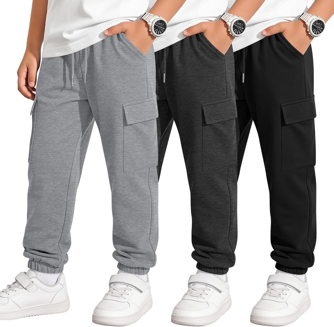 3 Pack Boy's Cargo Sweatpants Kids Teens Drawstring Running Joggers with Pockets Elastic Waistband Athletic Pants (XX-Large, Light Gray, Dark Gray, Black)