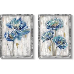 Blue Flower Wooden Artwork Framed: Bloom Wall Art Floral Painting Print for Bedroom Living Room (18''W x 24''H x 2 PCS)
