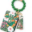 Flower Keychain Wristlet Wallets for Women Cute Silicone Beaded Credit Card Holder Aesthetic Key Ring Bracelet Leopard Wallet (Green)