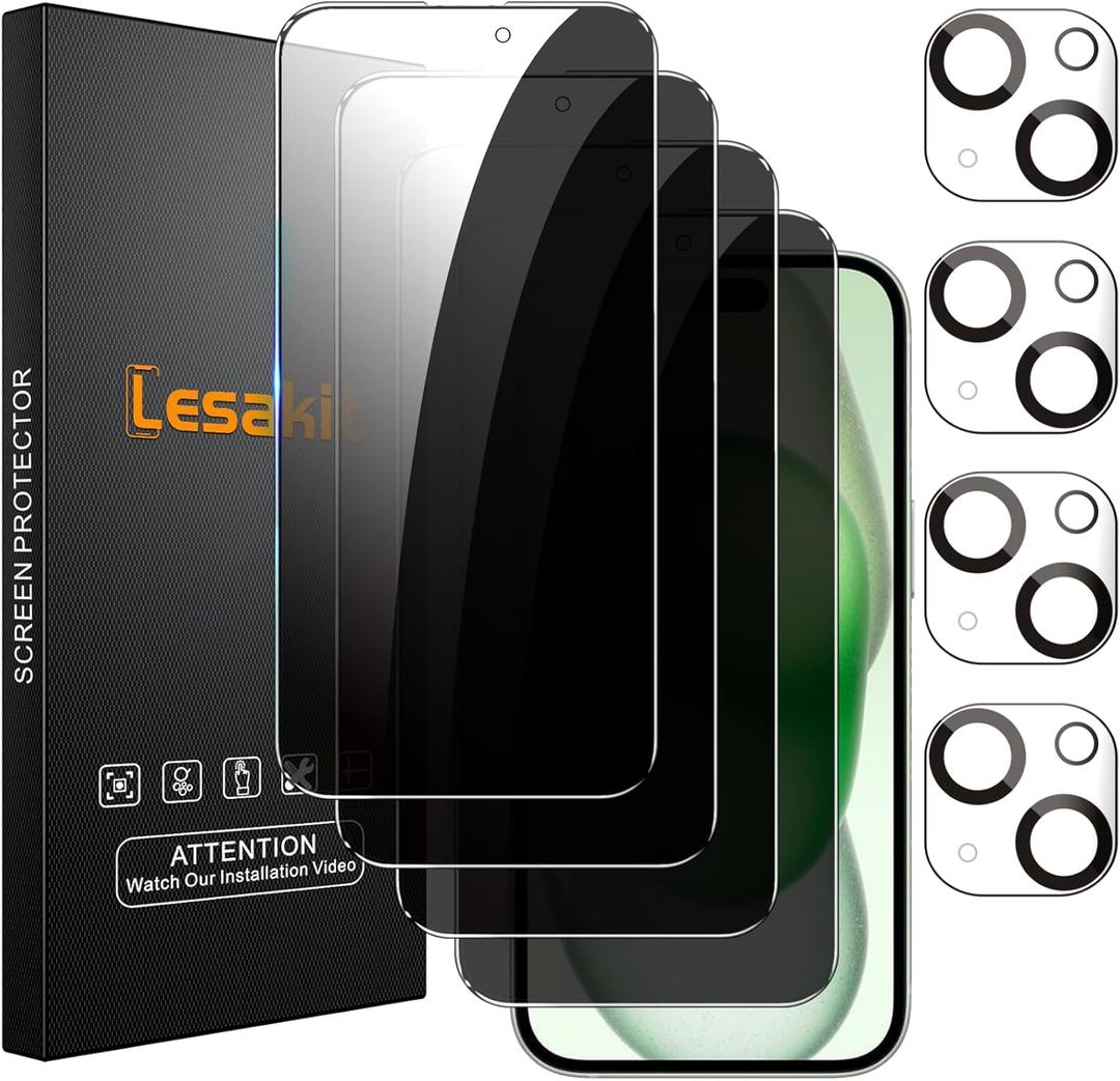 Lesakit 4+4 Pack Privacy Screen Protector for iPhone 15 6.1-Inch with 4 Pack Camera Lens Protector, Anti Spy Tempered Glass Film 9H Hardness Case Friendly