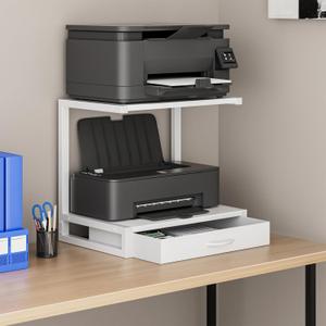 YAOHUOO 2-Tier Desktop Printer Stand with Fabric Drawer, Prtiner Table with Storage Shelf, Desk Organizer for Home Office,3D Printer,Fax Machine,Scanner, 17.3"x11.8" White (Middle)