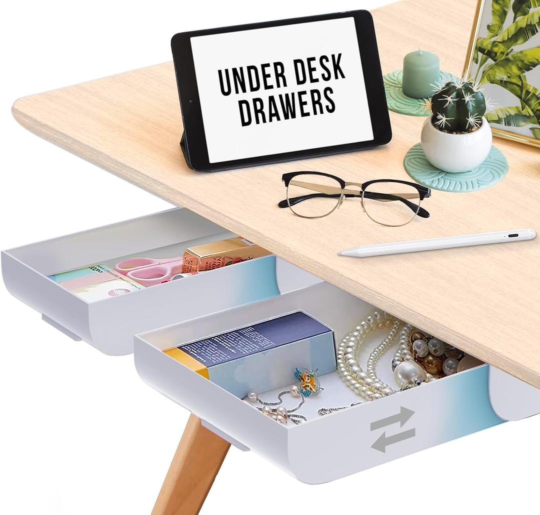 2 Pack Under Desk Drawer Organizer, Slide Out Storage for Pens, Cables & Office Accessories with Self Adhesive, No Drill Installation, Hidden Desk Storage for Office and Home