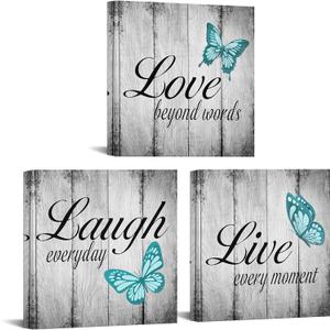 Conipit Teal Butterfly Canvas Wall Art Live Love Laugh Art Teal and Grey Pictures Wall Decor Inspirational Painting for Modern Home Decor 12" L x 12" W x 3pcs