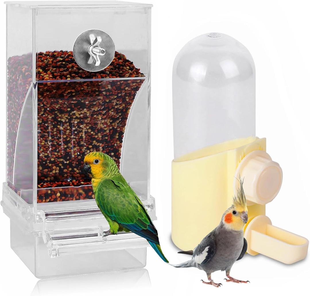 Automatic No Mess Bird Feeder & Water Dispenser for Cage, Parakeet Cage Accessories, Bird Water Feeder for Parrots Cockatiels Budgies Finches Canaries