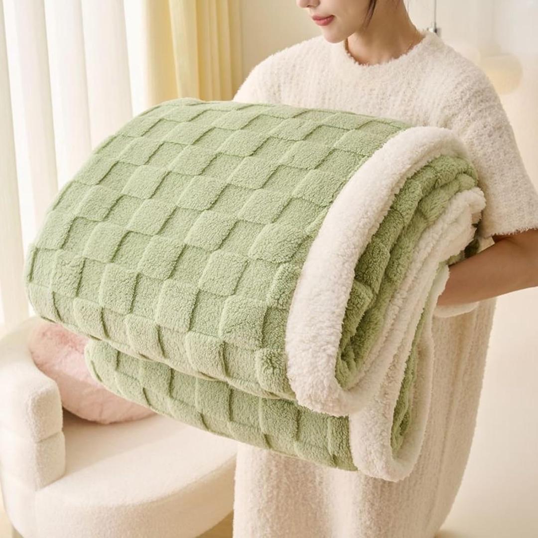 Sherpa Throw Blanket for Couch, Flannel Cozy Soft Thick Blanket for Bed - Fleece, Sage Green, 80x90 Inches