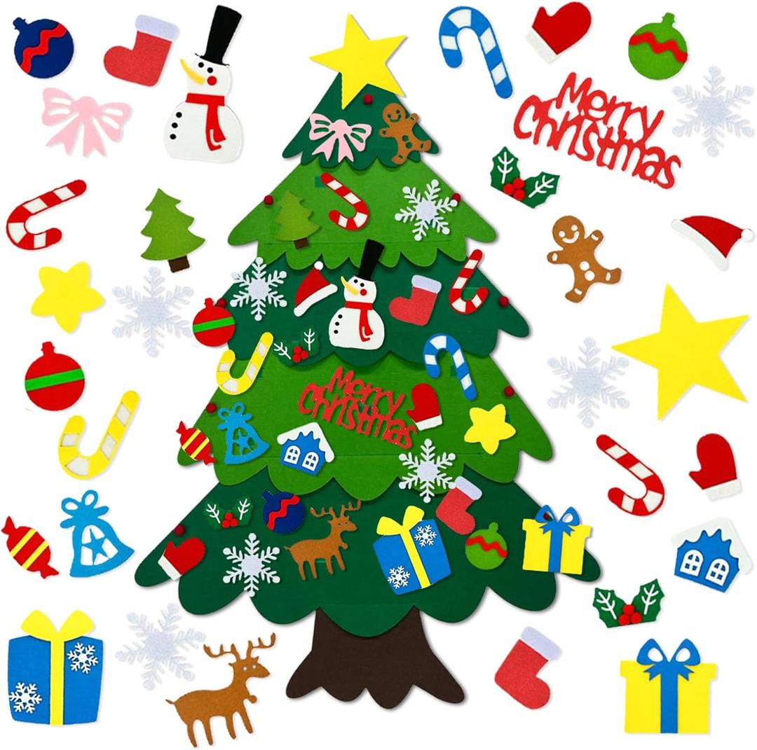 DIY Felt Christmas Tree Set, 3.2 Ft Felt Christmas Tree with 32 Ornaments, Hanging Ornaments DIY Tree Set Xmas Decorations, Montessori Xmas Tree