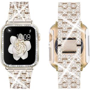 Supoix Compatible with Apple Watch Band 38/40/41/42/44/45/46/49mm+ Case, Women Jewelry Bling Diamond Rhinestone Replacement Metal Bands & 2 Pack PC Protector Case for iWatch Ultra 3/2/1 Series 11/10/9/8/7/6/5/4/3/2/1/SE (Champagne)