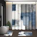 Blue Grey White Abstract Shower Curtain Set with Toilet Lid Cover and Non-Slip Rugs for Bathroom, Modern Painting Art 4 Pcs Shower Curtain, Vintage Bathroom Set with 12 Hooks