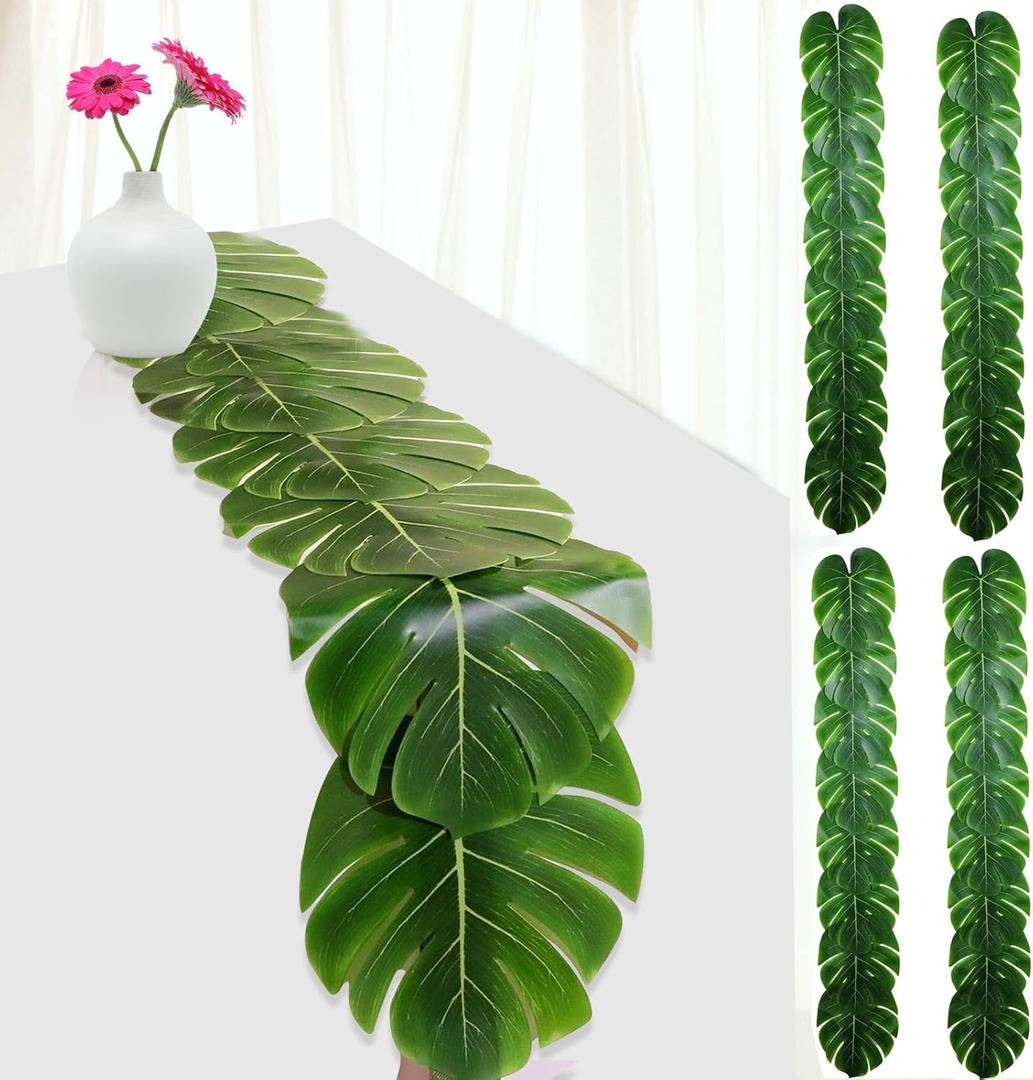 4 Pcs Artificial Palm Leaves Table Runners 72 Inch, Tropical Palm Leaves Table Runner Faux Leaf Table Cloth for Wedding Hawaiian Luau Theme Party Supply Summer Table Wall Decorations