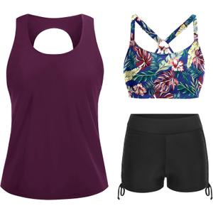 Yonique 3 Piece Womens Tankini Swimsuits with Shorts Athletic Bathing Suits Tank Tops with Bra and Boyshorts (XX-Large, Purple Floral)