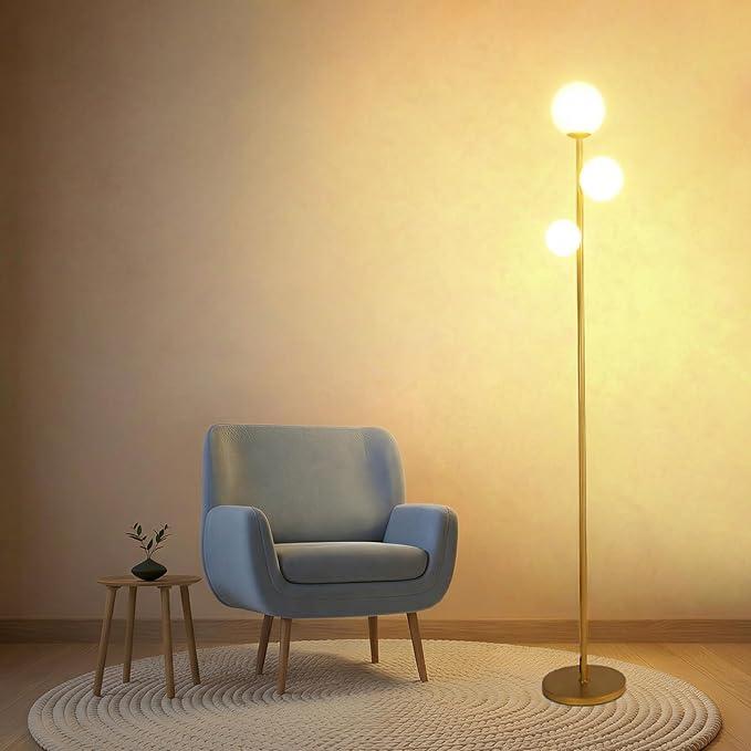 Fiqevs 3 Globe Mid Century Modern Floor Lamp for Living Room, Gold Floor Lamp with Frosted Glass Shade and LED Bulbs, Warm Light Standing Tall Pole Lamp for Bedrooms, Office - Antique Brass