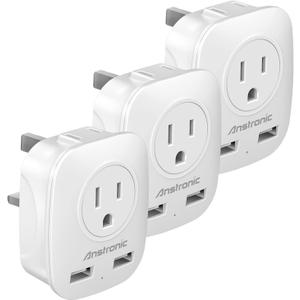 3 Pack US to UK Ireland Travel Plug Adapter, Anstronic International Power Adaptor with 2 USB, 4 in 1 Type G Power Outlet Adaptor for USA to England Kenya Dubai Irish Scotland