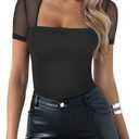 REORIA Women's Sexy Square Neck Short Sleeve Mesh Double Lined Slimming 2025 Trendy Going Out Bodysuits Tops Black X-Large