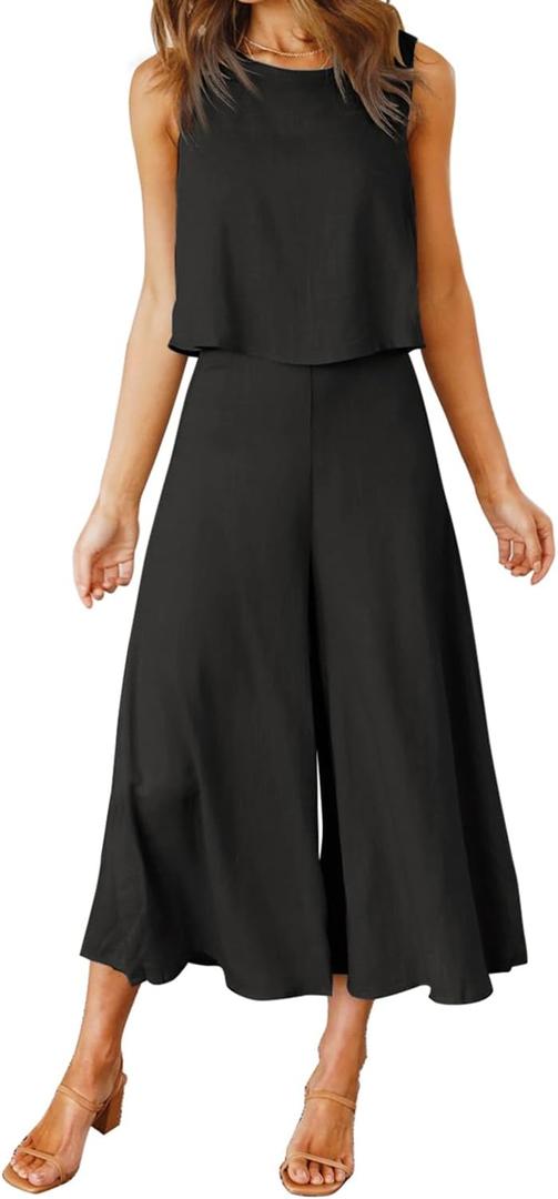 ROYLAMP Women's Summer 2 Piece Outfits Round Neck Crop Basic Top Cropped Wide Leg Pants Set Jumpsuits (Medium, Black)
